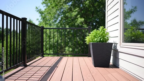 Modern residential deck with composite flooring black metal railing and potted green plant on a sunny day