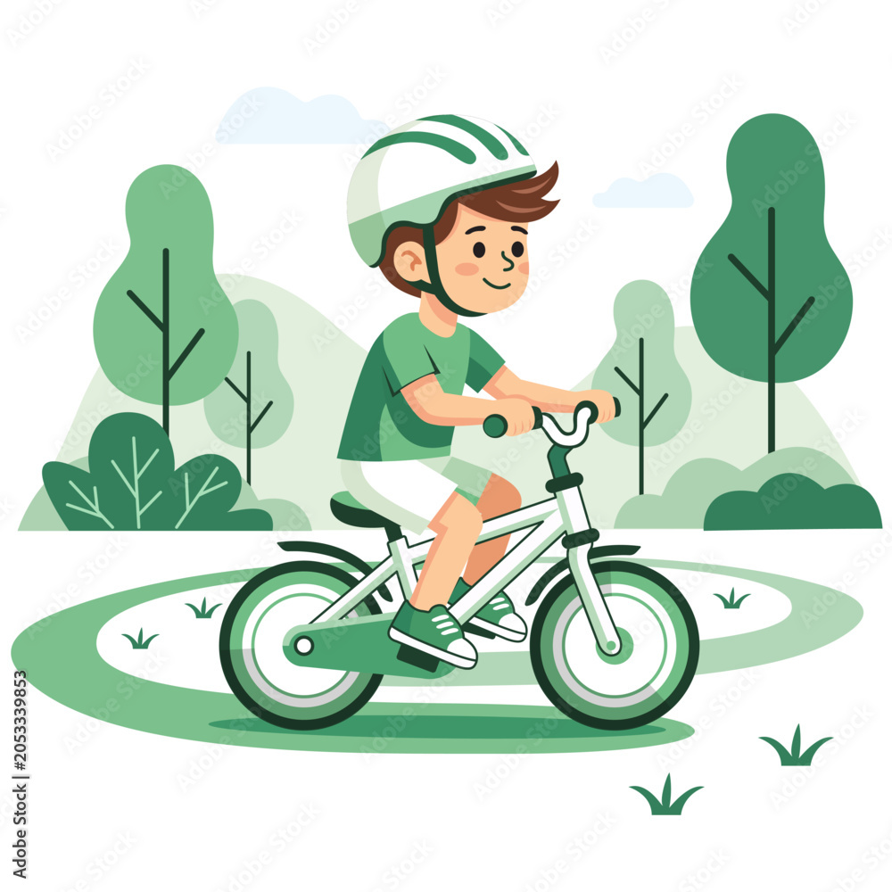 Fototapeta premium Little Boy Wearing Helmet Riding Bicycle in Green Park Flat Cartoon Illustration