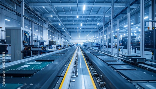 Modern Industrial Factory Interior with Conveyor Belt System.
