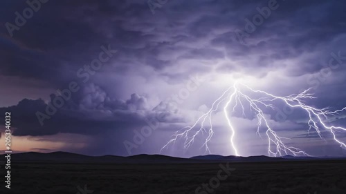 Powerful lightning strikes over dark landscape at night