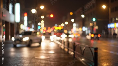 Blurred city street at night with colorful bokeh lights