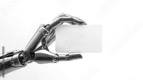 A futuristic robotic hand holds a blank white card against a plain background, symbolizing technology and innovation.