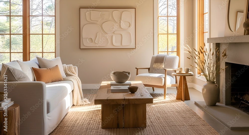 Fototapeta premium Cozy living room interior with natural light and minimalist decor
