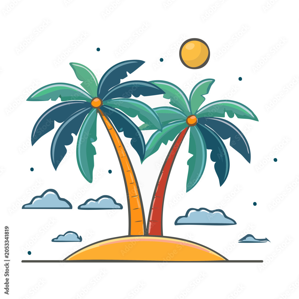 Fototapeta premium Two palm trees on a small island with sun and clouds