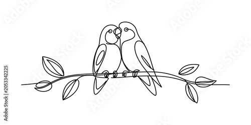 Foto Two lovebirds perched on a branch, continuous line drawing, simple, elegant