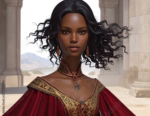 Portrait of a regal woman with curly black hair, wearing an ornate red gown, standing before a classical structure