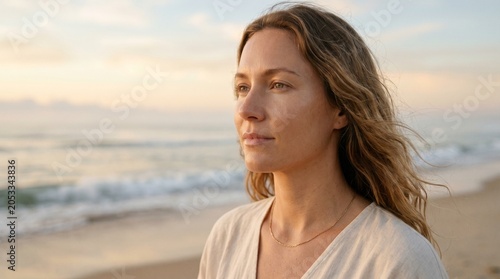 Serene woman on beach at sunset.