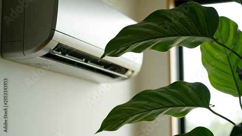 Modern wall mounted air conditioner unit in a bright minimalist interior with lush green tropical plant leaves