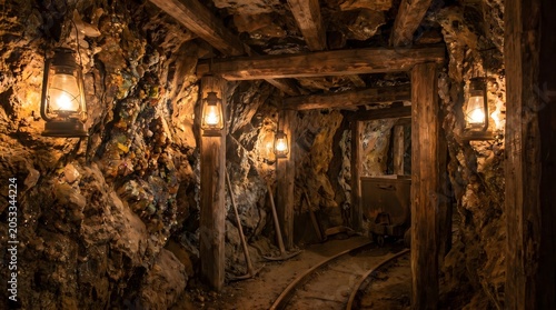 Dark Underground Mine Shaft Illuminated by Vintage Lanterns