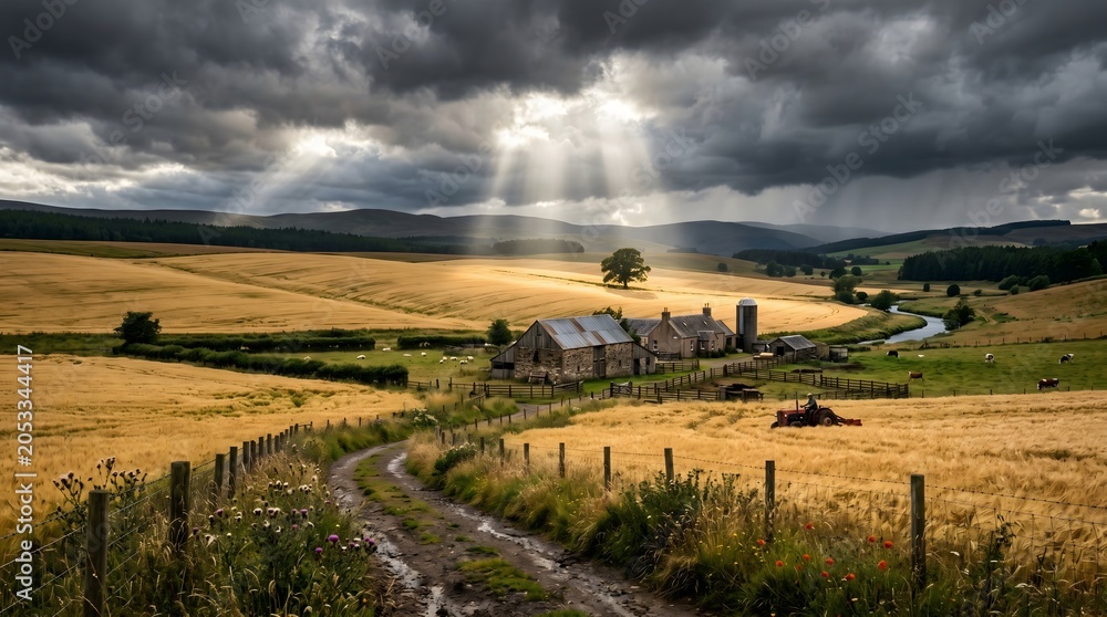 Fototapeta premium Sunlight breaking through storm clouds over a scenic countryside farm
