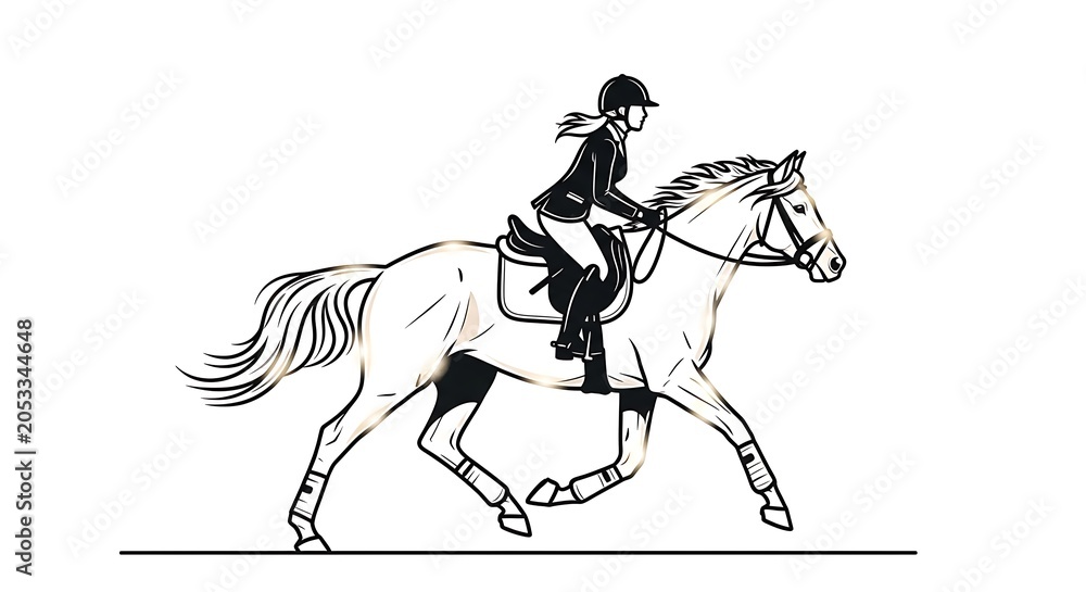 Obraz premium Horseback Rider Jumping Obstacle in Dynamic Black and White Illustration