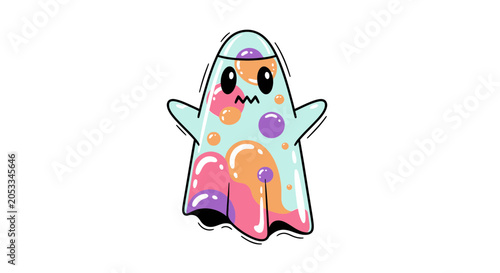 Fotografie Cute Ghost Character Illustration with Colorful Bubbles