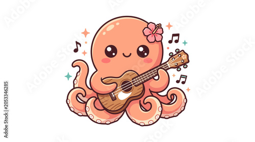 Cute Octopus Playing Ukulele with Flower and Music Notes