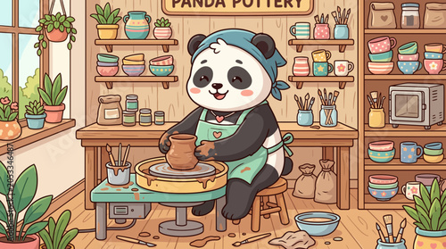 Cute Panda Making Pottery on Wheel in Studio