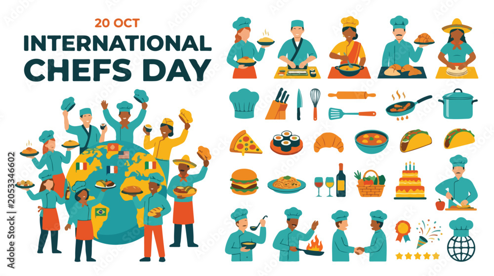 Fototapeta premium International Chefs Day vector set, professional cook characters and kitchen equipment icons, diverse culinary experts with global food illustrations