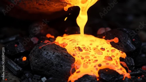 Molten glowing orange liquid pouring onto dark charcoal rocks in a close up shot