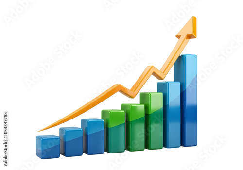 3D bar chart graph showing upward business as transparent cutout