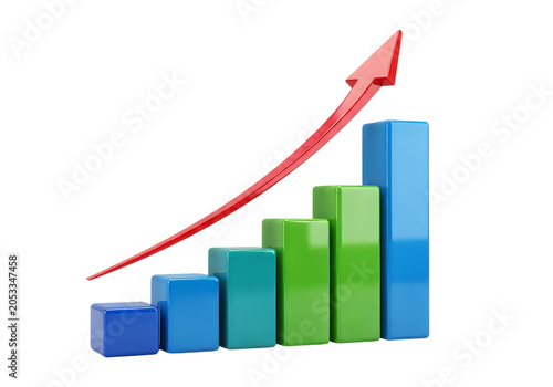 3D upward rising arrow over bar graph business concept as clean cutout