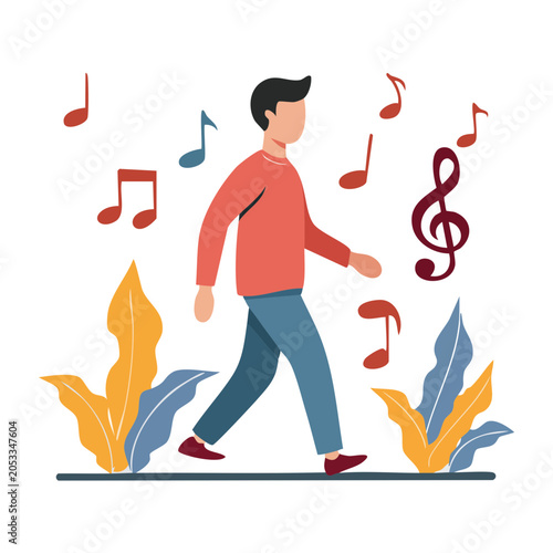 Man walking with music notes and plants in flat design style