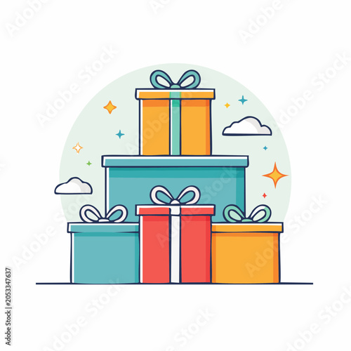 Stack of Colorful Gift Boxes with Ribbons and Stars