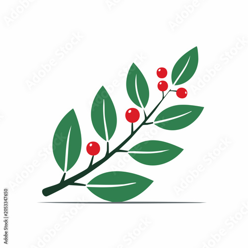 Stylized branch with green leaves and red berries