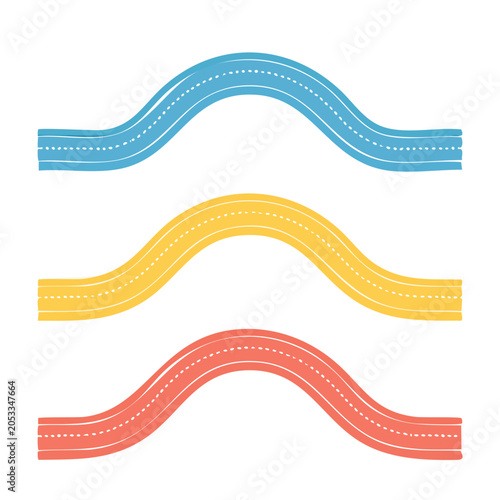 Three curved roads in blue, yellow, and red on white background
