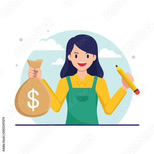 Woman Holding Money Bag and Pencil