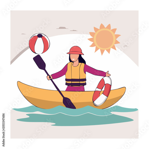 Woman kayaking in the sea with sun and beach ball