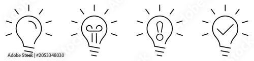 Light bulb idea line icon set. Creative thinking, innovation solution, insight and inspiration outline symbols. Editable stroke vector.