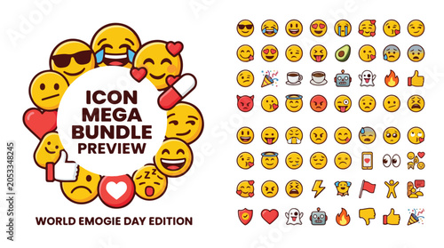 Emoji mega bundle preview with 72 icons, yellow smiley face collection for world emogie day, flat vector character set for social media