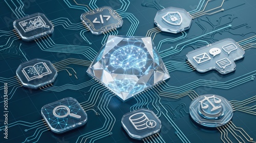 Abstract artificial intelligence brain chip on circuit board with technology icons representing coding and security
