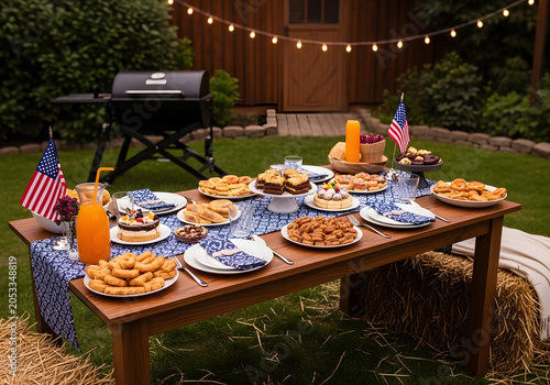 People gather around outdoor table with food and drinks in backyard