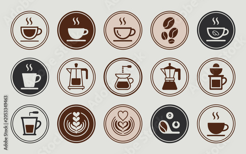 A collection of coffee icons featuring various brewing methods and cup designs.