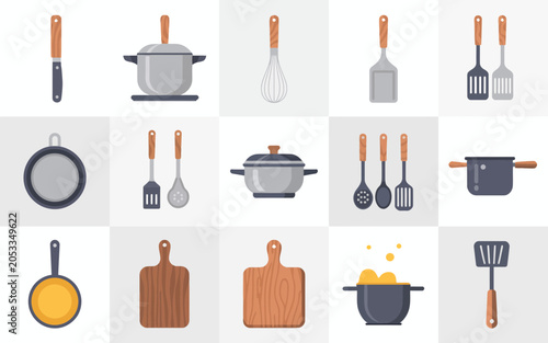 Collection of kitchen tools and utensils displayed in circular frames.