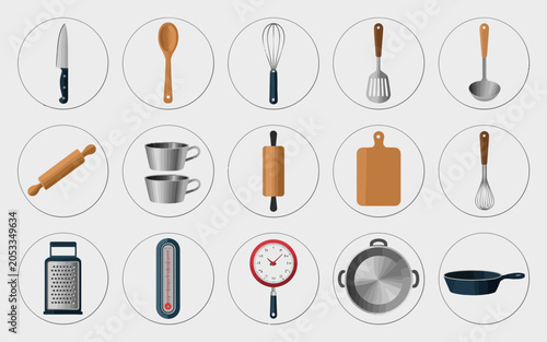 Illustrated collection of various kitchen tools and utensils in flat design