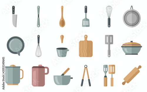 Illustration showcases various kitchen tools and utensils on a clean background