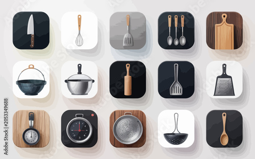 Illustrated collection of various kitchen tools and utensils on display