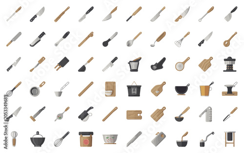 Illustrated collection of various kitchen tools and utensils for culinary design purposes