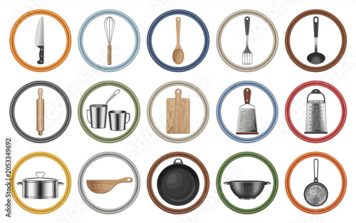 A collection of stylish line icons featuring kitchen utensils and tools isolated