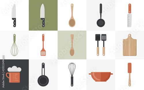 Collection of various kitchen utensils and tea beverage icons in circular outlines