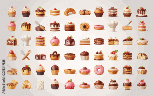 Assorted desserts and baked goods are arranged in a colorful and appetizing display.