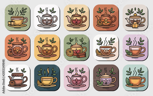 A colorful assortment of coffee cups and tea with steam rising illustrations isolated