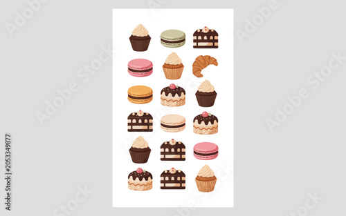 Vibrant collection of various desserts icons arranged on a sheet