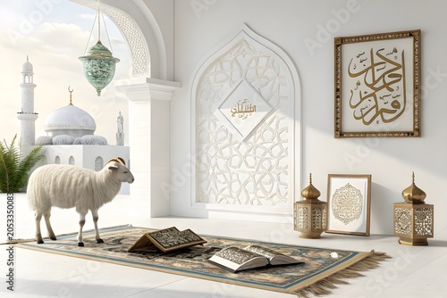 A white sheep standing on a prayer mat in a mosque with arabic calligraphy and lanterns