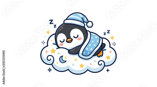 Photos Cute Sleeping Penguin on Cloud, Kawaii Style