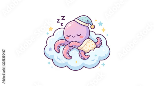 Tableau sur toile Cute Sleeping Octopus on Cloud, Kawaii Baby Animal Illustration