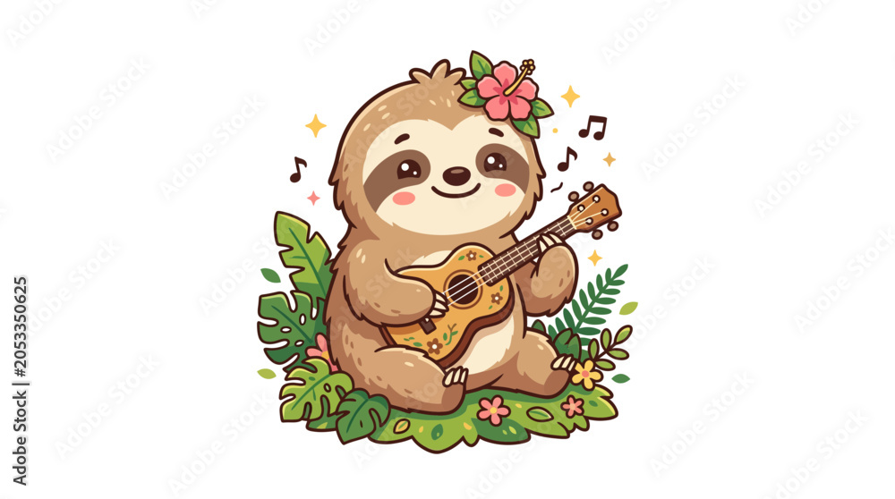 Fototapeta premium Cute Sloth Playing Ukulele with Flowers and Music Notes