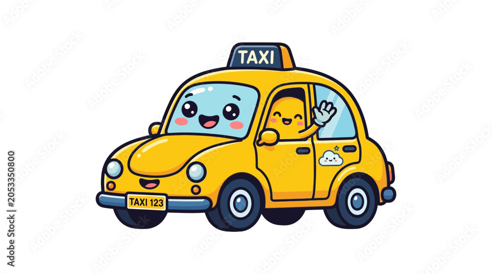 Obraz premium Cute Yellow Taxi Car Waving Hello