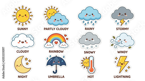 Canvastavla Cute Weather Icons: Sunny, Cloudy, Rainy, Stormy, Night, Hot