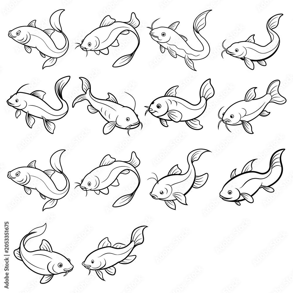 Obraz premium Cute catfish cartoon vector illustration set, fish line art icons for logo and design.